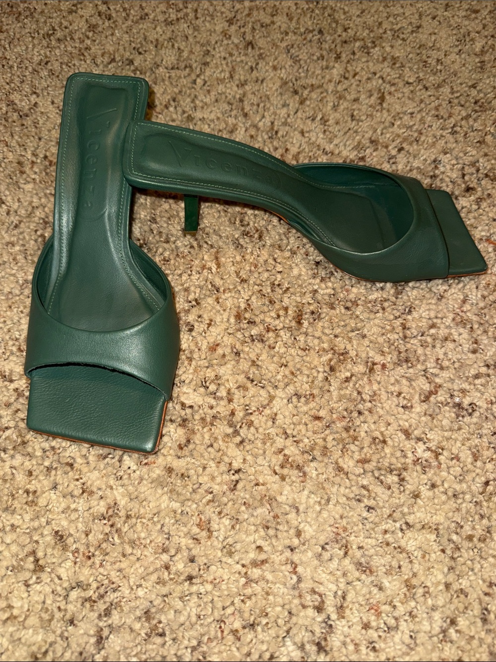 Vicenza Emerald Square-Toe Mule Heels with Slim Heel